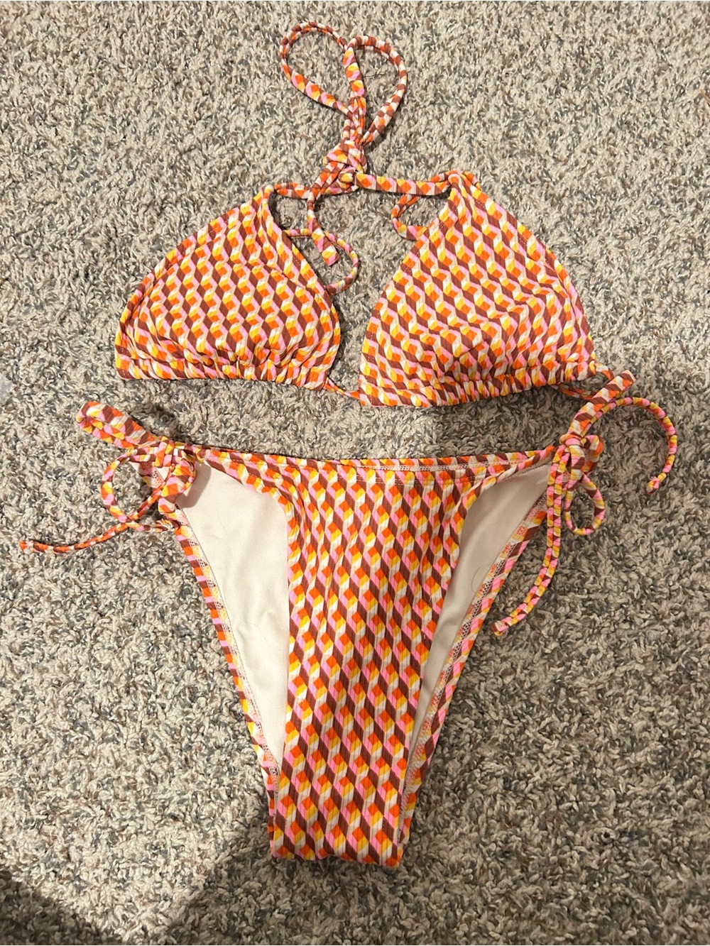 Wild Fable Multicolor Geometric Tie-Side Bikini — Pink, Orange, Yellow